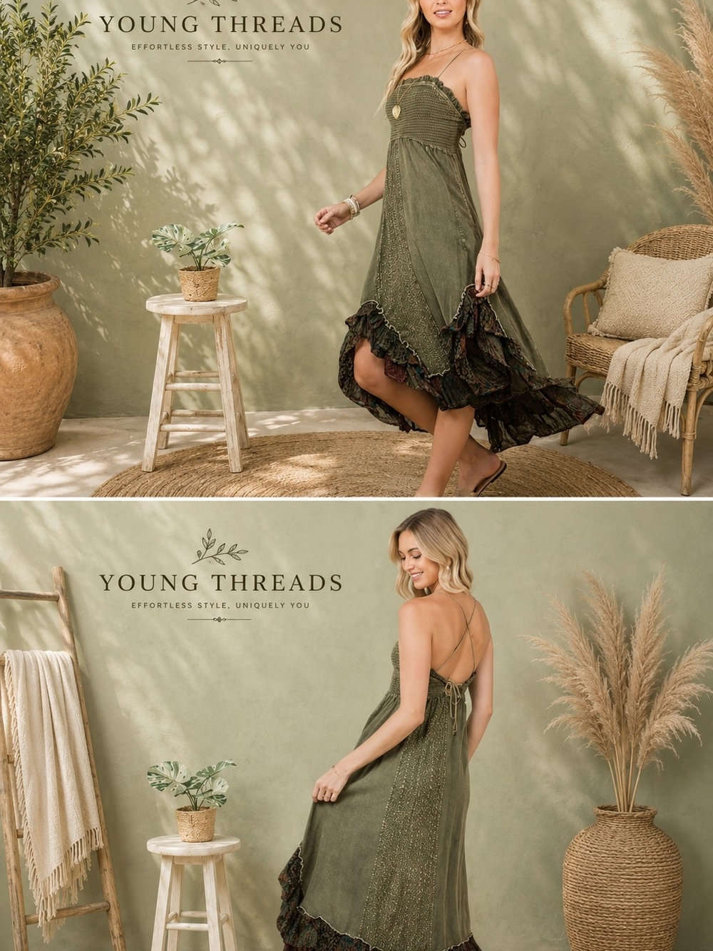 Young Threads Olive Green Boho Ruffle Maxi Dress with Spaghetti Straps